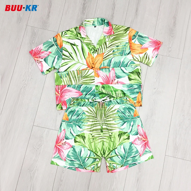 New hot sale custom design 2 piece men short sleeve floral hawaiian shirts beach sets