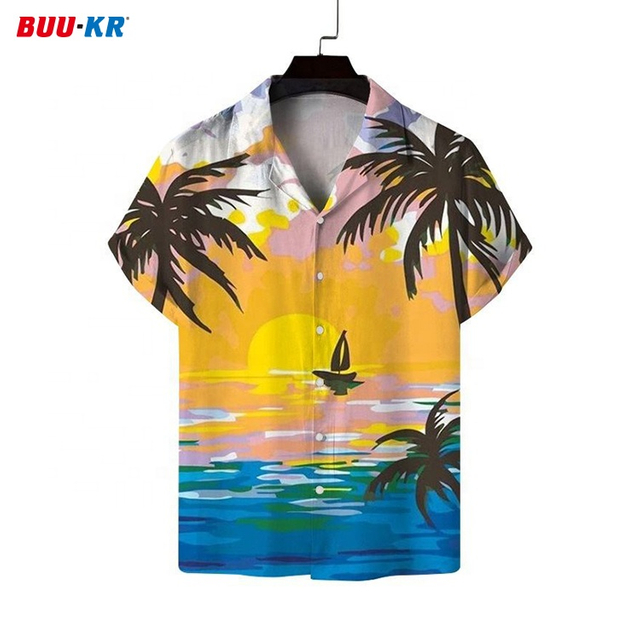 Buker Custom Digital Printed Plus Size Unisex Polyester Buttons Up Short Sleeve Beach Holiday Hawaiian Shirts for Men