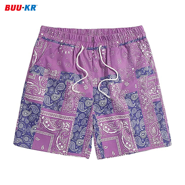 Buker Designer Summer Cropped Fit Custom Logo Polyester Paisley Printed Men Mesh Shorts